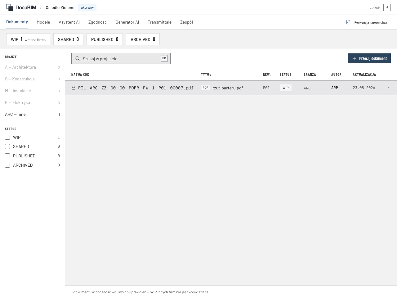 Lista dokumentów projektu z jednym wgranym dokumentem