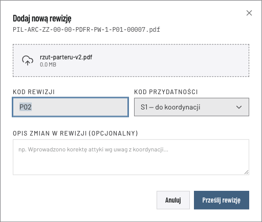 Okno „Dodaj nową rewizję” z polami Kod rewizji i Kod przydatności