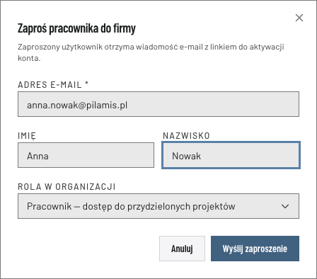 Okno „Zaproś pracownika do firmy” z uzupełnionymi polami