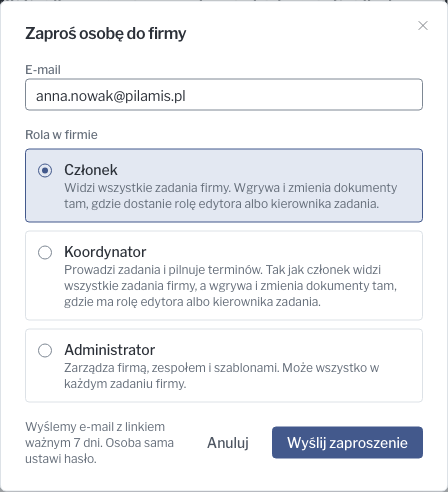 Okno „Zaproś osobę do firmy”